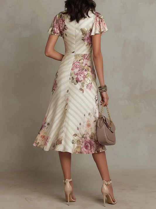 Margaret | Satynowa sukienka midi w kwiaty w stylu vintage