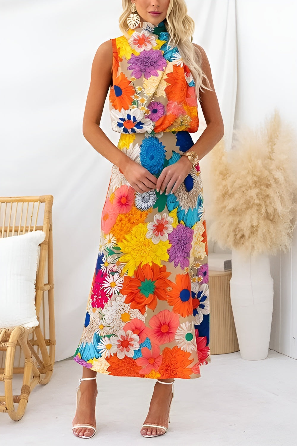 Summer | Sukienka maxi w kwiaty bez rękawów z wiązaniem przy dekolcie