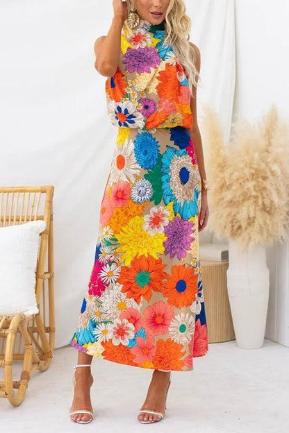 Summer | Sukienka maxi w kwiaty bez rękawów z wiązaniem przy dekolcie