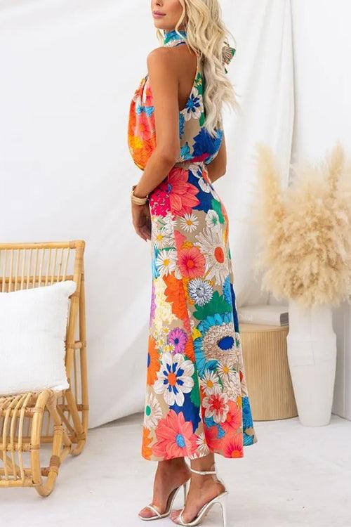 Summer | Sukienka maxi w kwiaty bez rękawów z wiązaniem przy dekolcie