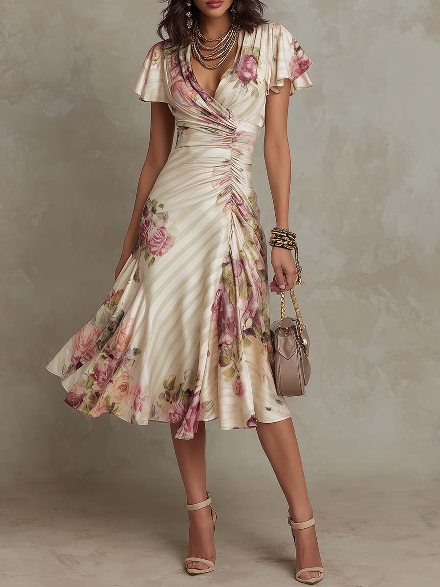 Margaret | Satynowa sukienka midi w kwiaty w stylu vintage