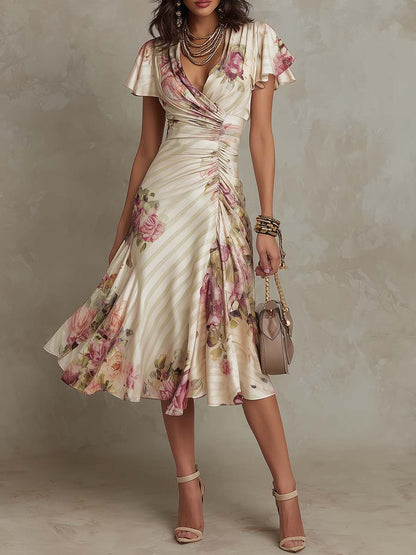 Margaret | Satynowa sukienka midi w kwiaty w stylu vintage