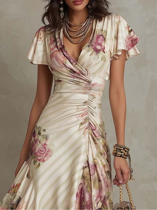 Margaret | Satynowa sukienka midi w kwiaty w stylu vintage