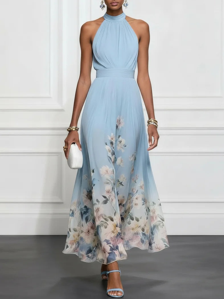 Rosalyn | Niebieska szyfonowa sukienka maxi w kwiaty z dekoltem halter