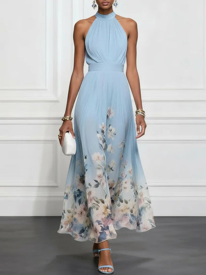 Rosalyn | Niebieska szyfonowa sukienka maxi w kwiaty z dekoltem halter