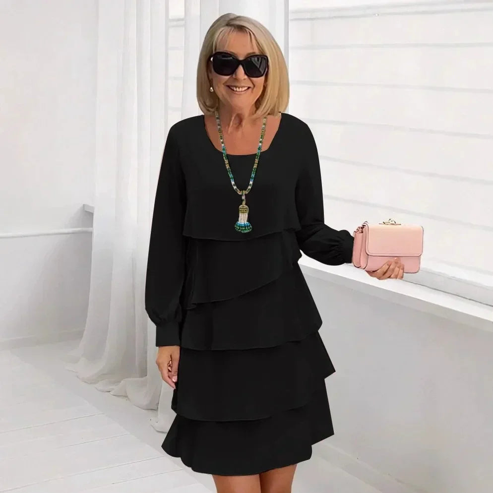 Margaret | Elegancka Sukienka z Falbanami i Długim Rękawem
