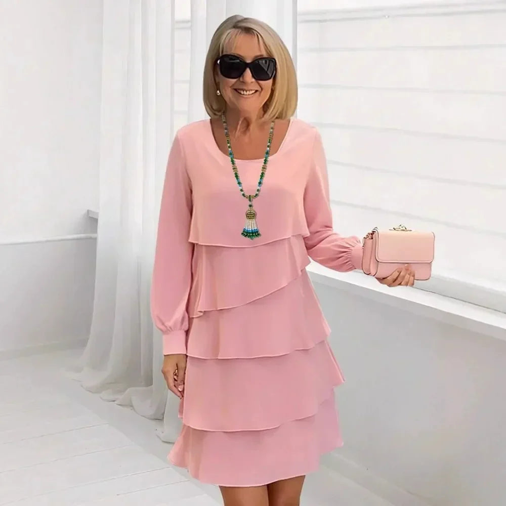 Margaret | Elegancka Sukienka z Falbanami i Długim Rękawem