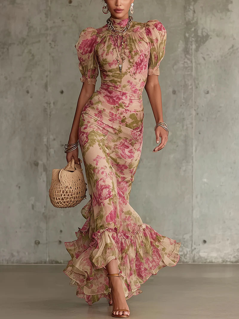 Mae | Sukienka maxi w róże w stylu vintage z bufiastym rękawem