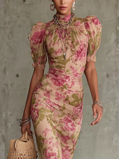 Mae | Sukienka maxi w róże w stylu vintage z bufiastym rękawem