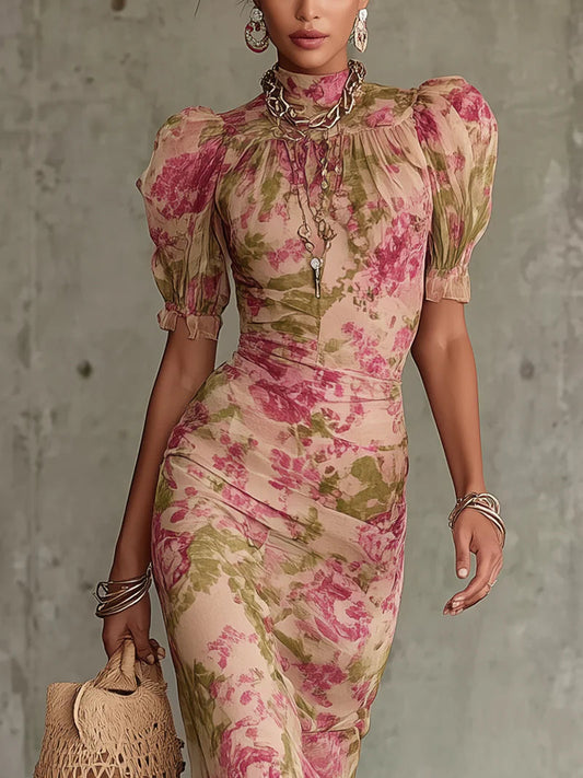 Mae | Sukienka maxi w róże w stylu vintage z bufiastym rękawem