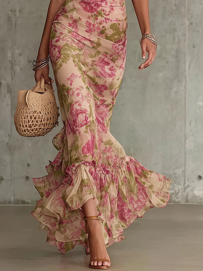 Mae | Sukienka maxi w róże w stylu vintage z bufiastym rękawem