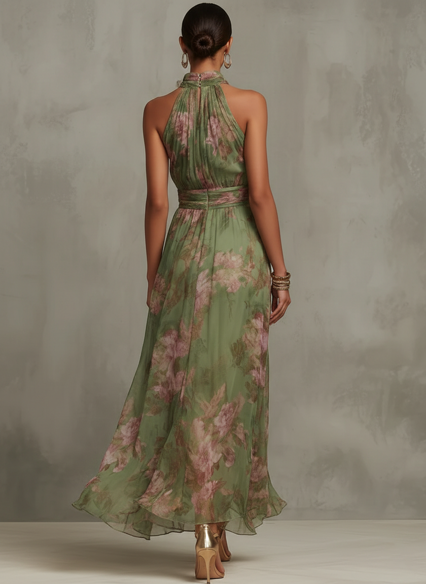 Florence | Zielona szyfonowa sukienka maxi w kwiaty z dekoltem halter