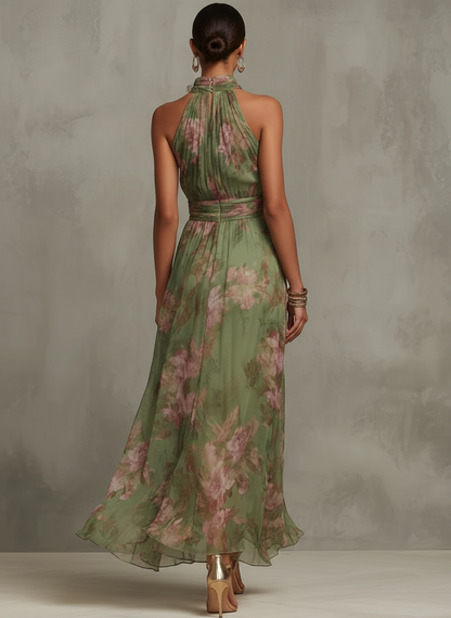 Florence | Zielona szyfonowa sukienka maxi w kwiaty z dekoltem halter