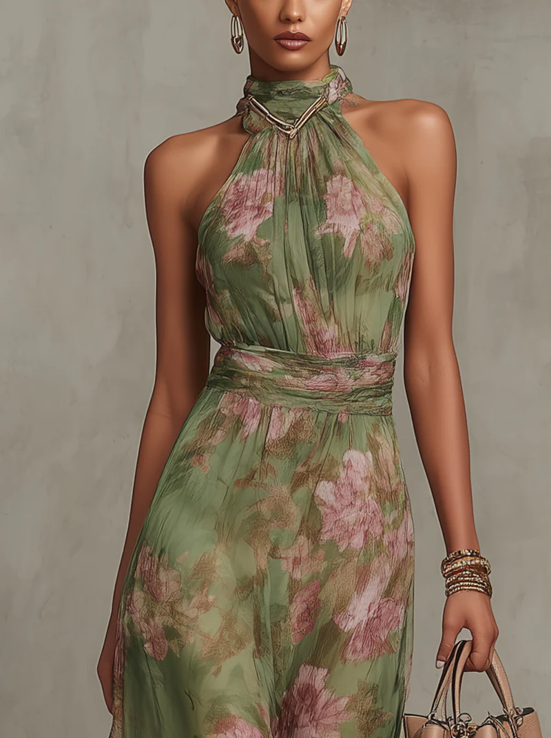 Florence | Zielona szyfonowa sukienka maxi w kwiaty z dekoltem halter
