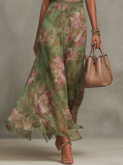 Florence | Zielona szyfonowa sukienka maxi w kwiaty z dekoltem halter