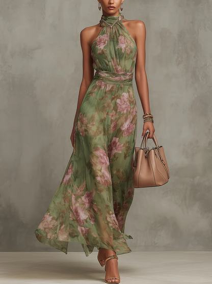 Florence | Zielona szyfonowa sukienka maxi w kwiaty z dekoltem halter