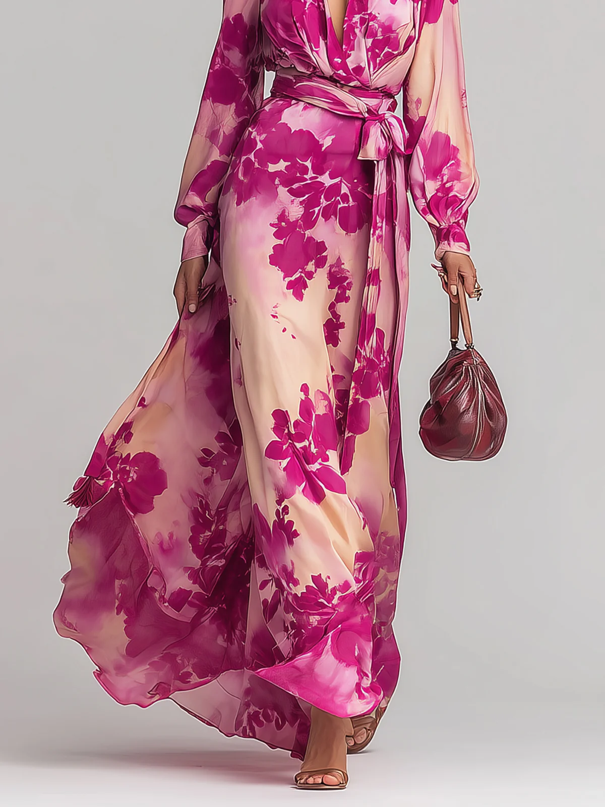 Julia | Sukienka maxi w róże z dekoltem V i paskiem